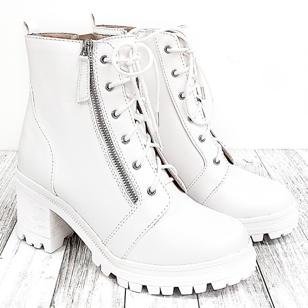 New White Combat Lace Up Lug Ankle Boots Booties
